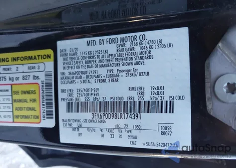 2020 Ford Fusion Titanium z USA, uszkodzony, nr VIN 3FA6P0D98LR174391